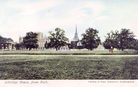 Ashridge House from the Park, published by Loosley & Sons, Stationers, Berkhamsted, and posted to a Miss Ansell of Paddington, from Berkhamsted in 1905