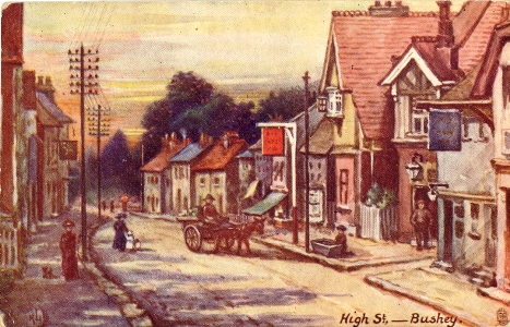 Raphael Tuck Post Card pained by K Low of Bushey, Hertfordshire. High Street with horse and cart and public house signs