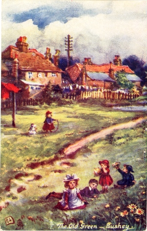Raphael Tuck Post Card pained by K Low of Bushey, Hertfordshire. The Old Green, with children 