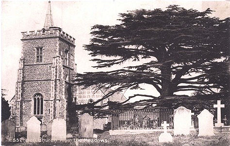 Title: Essendon Church from the Meadow - Publisher: T J Norton, Essendon - Date: back suggests circa 1905.