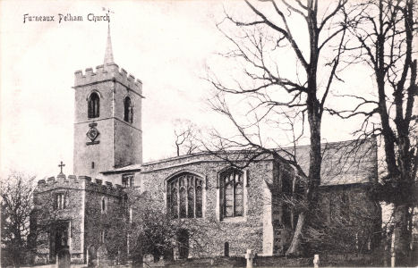 Furneaux Pelham Parish Church, post card, photographed by Maxwell
