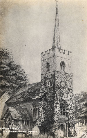 St Dunstan's Church, Hunsdon, Herts. Post card of drawing by rector