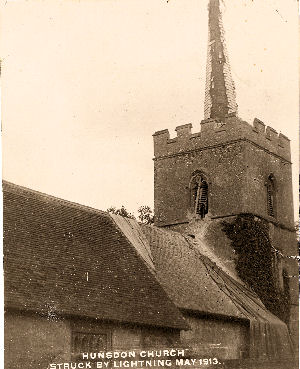 Lightning Strike, St Dunstan's Church, Hunsdon, Herts, May 1913. from post card