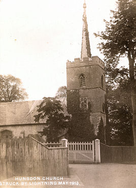 Lightning Strike, St Dunstan's Church, Hunsdon, Herts, May 1913. from post card