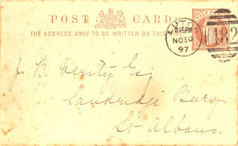 Post card giving details of Hertfordeshire Hounds meeting in December 1897, sent to J Verity of Sandridge Bury