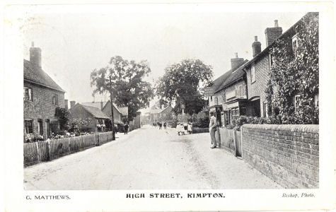 Post card of High Street, Kimpton, by G. Mathews - showing White Horse public house