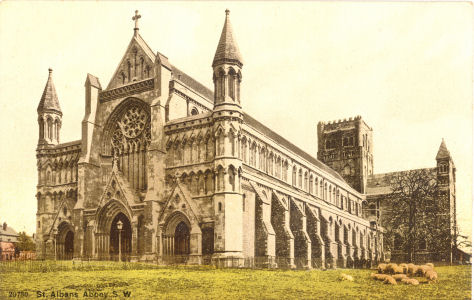 St Albans Abbey with sheep grazing - circa 1900 - published later by Photochrom