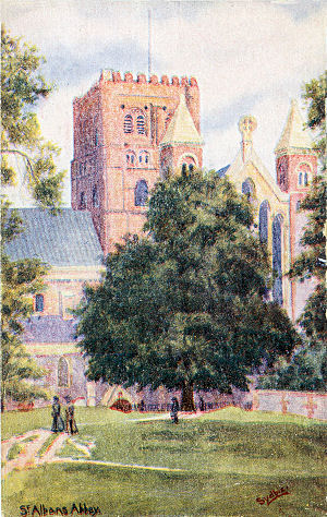 Watercolour of St Albans Abbey, by Sydbie, post card in Sydbie Series
