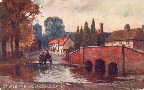 St Michael's Bridge, St Albans, Oil painting by SId Gardner on post card by Tuck