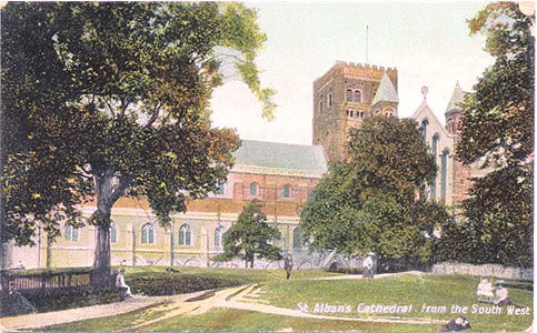 Title: St Albans Cathedral from the South West - Publisher: Tudor Rose Series - Posted 1909 but earlier back