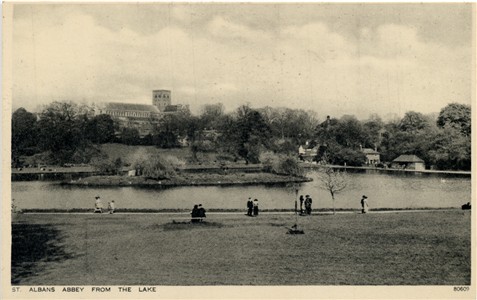 TITLE: St Albans Abbey from the Lake - Publisher: Photochrom Co Ltd - Date: circa 1930s