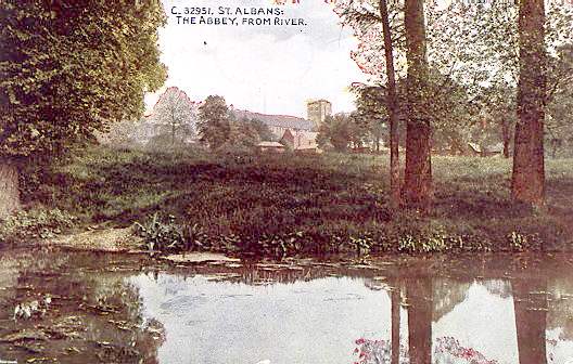 Title: St Albans, The Abbey, From River - Publisher: "Exclusive Copyright Publication by Cutmore's, 1 Market Street, St Albans