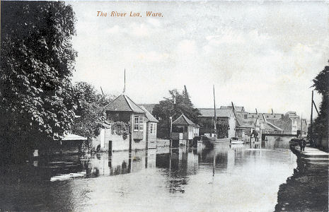 The River Lea at Ware, Hertfordshire, post card in Wolsey Series
