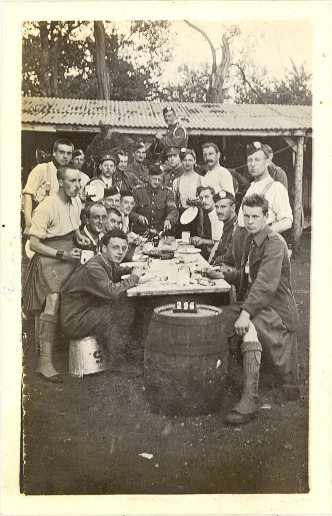 London Scottish Territorial Troops in a rural billet, alsmost certainly Abbots Langley, Herts, August/September 1914.
