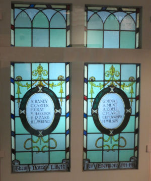 First World War Memorial Window from Folly Chapel, Wheathampstead, as displayed in St Albans Museum, June-November 2014.