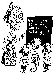 Victorian Clipart illustration of a very strict old maid teacher who is demanding that three students answer the question on the chalkboard, Click here to get more Free Clipart at ClipartPal.com