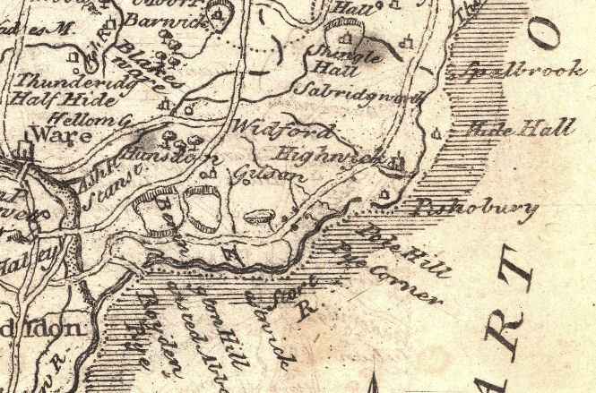 Map of area around Hunsdon, Herts, from The Agreeable Historian, 1746