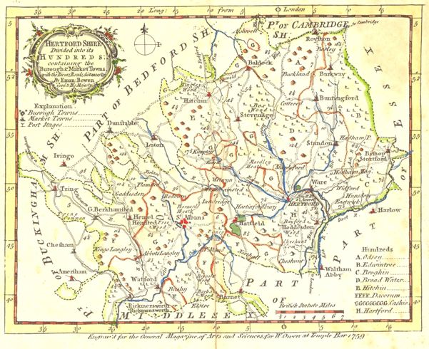 Hertfordshire Map, Bowen, 1759