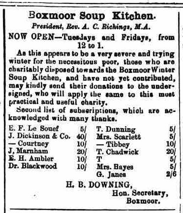 Boxmoor Soup Kitchen, Richings, Le Souef, Dickinson, Courtney, Marnham, Ambler, Blackwood, Dunning, Scarlett, Tibbey, Chadwick, Hayes, Janes, Downing