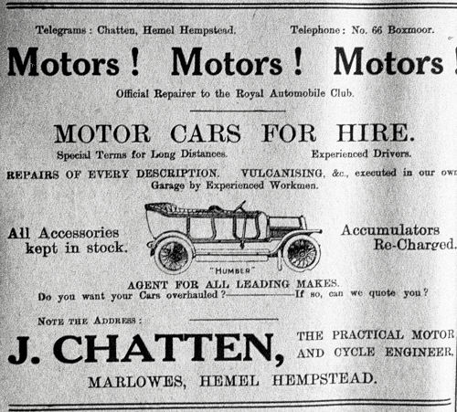 Motor Cars for hire, repairs of every description, vulcanising, Humber, Agent, Chatten, the practical motor and cycle engineer, Marlowes, Hemel Hempstead