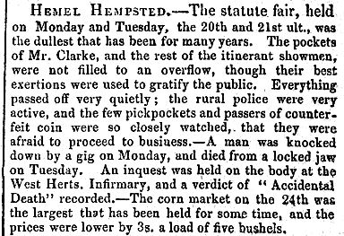 Old News, Herts, The Reformer, 1841, Hemel Hempstead, Statute Fair, Mr. Clarke, West Herts Infirmary, inquest, corn market