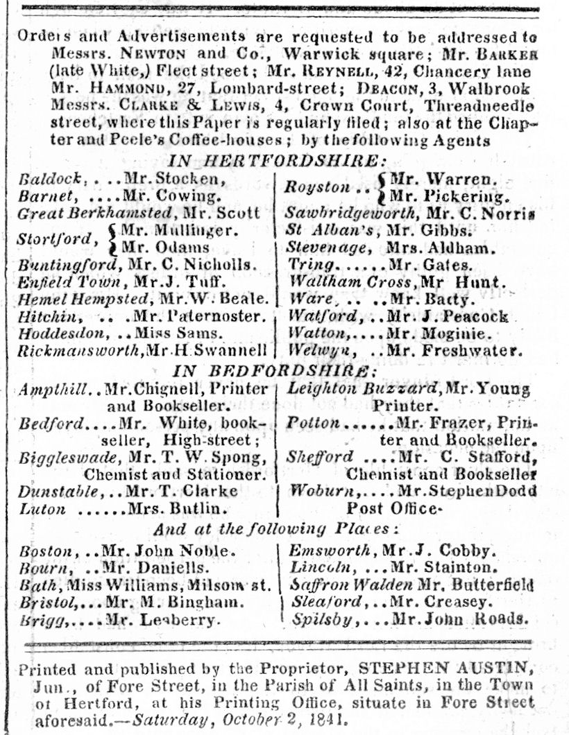 Reformer Newspaper, 1841, List of Agents
